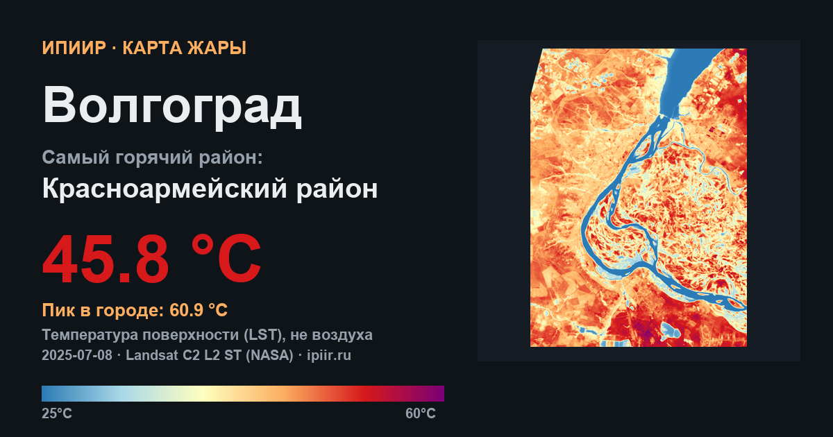 Карточка проекта для соцсетей: Волгоград, самый горячий район Красноармейский, 45.8 градуса, пик в городе 60.9, растровое изображение температуры поверхности